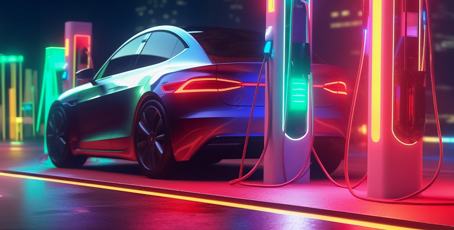 正在充電的電動汽車和 RGB 燈
