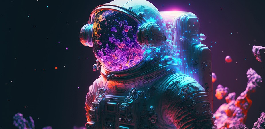 宇航員漂浮在太空中，面罩上反射出五顏六色的物體。