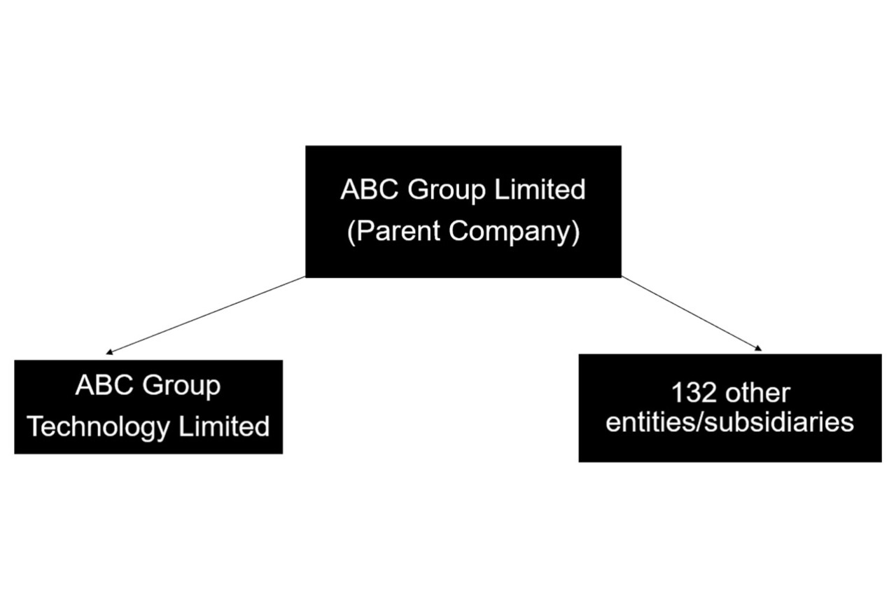 Diagram shows white text on black boxes. The parent company has two children.