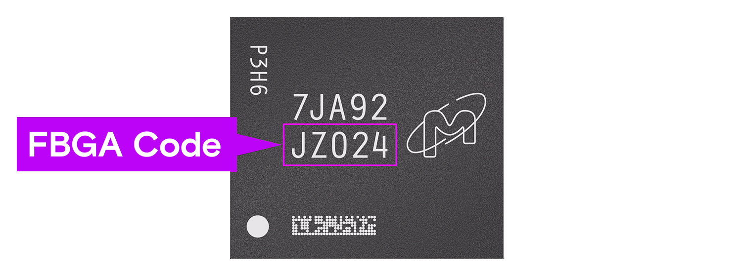 美光 FBGA 元件上突出顯示的 FBGA 編號